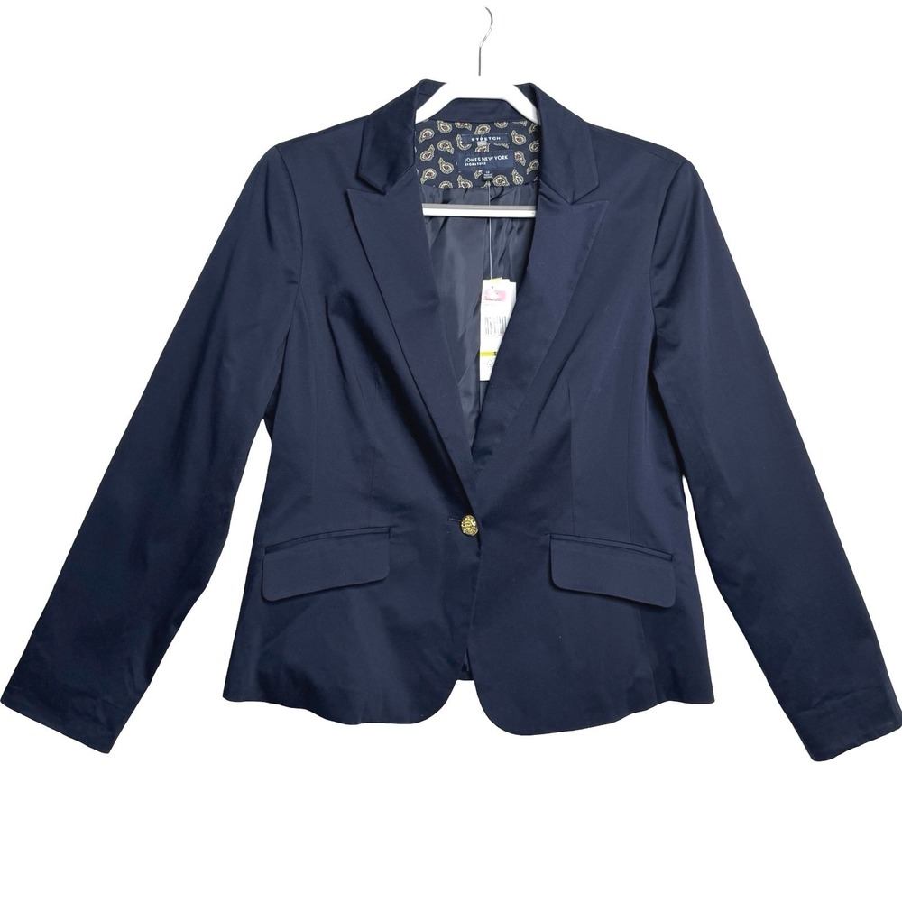 Jones New York Signature Navy Stretch Blazer Womens Size 14 Gold Button Detail N